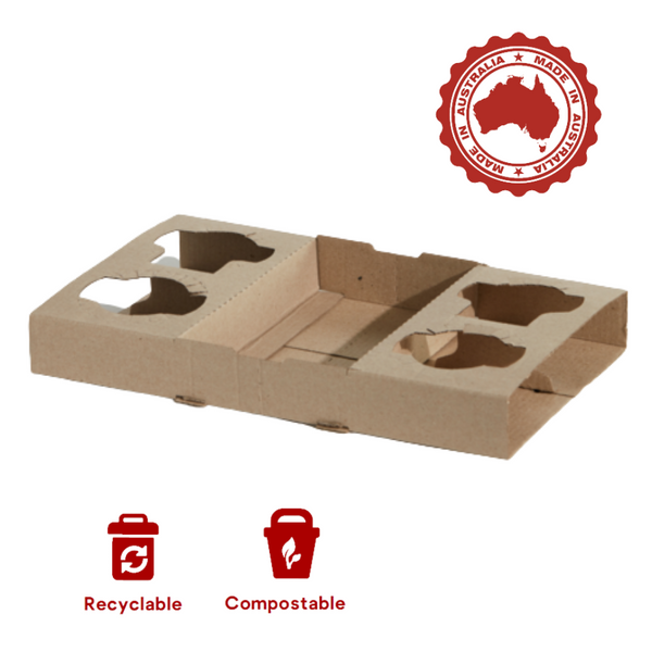 Locally Made, Recyclable & Compostable, Kraft Cardboard  4 Cup Drink Trays are constructed from sturdy cardboard