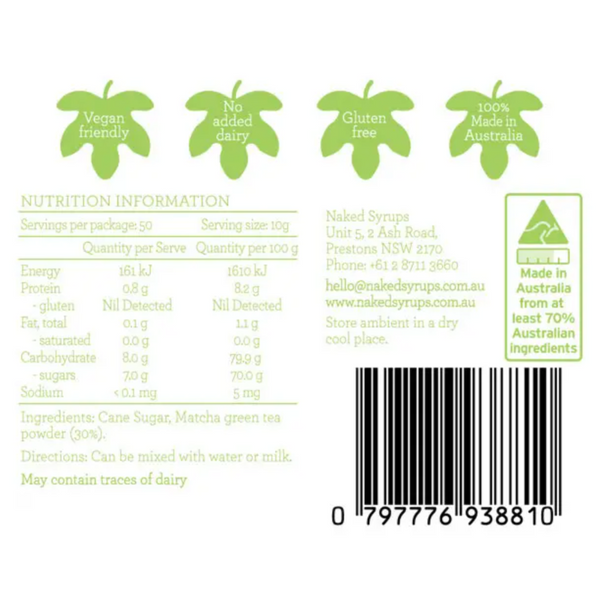 Naked Syrups Matcha Tea Powder, Vegan, Ingredients