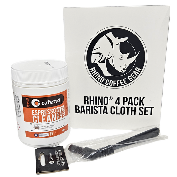 Ultimate Barista's Coffee Machine Care Bundle: Cafetto Cleaning Powder, Rhino Barista Cloth Set, and FREE Group Head Cleaning Brush!