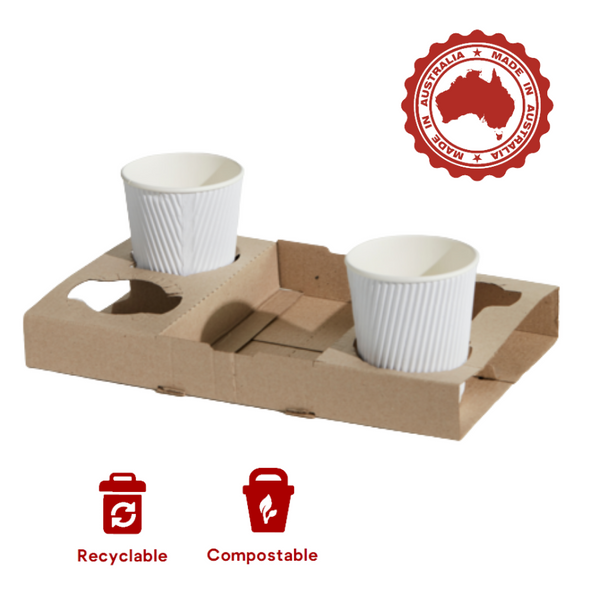 Locally Made, Recyclable & Compostable, Kraft Cardboard  4 Cup Drink Trays are constructed from sturdy cardboard