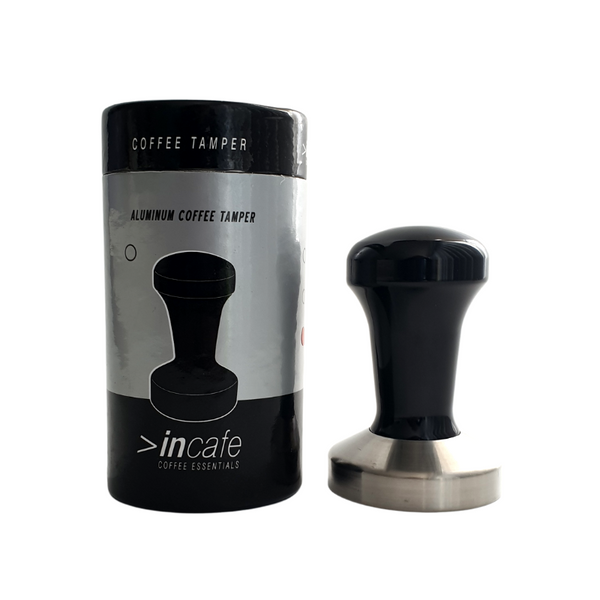 Heavy-duty professional Coffee Tamper with black anodized aluminum handle and solid stainless steel base (58mm).
