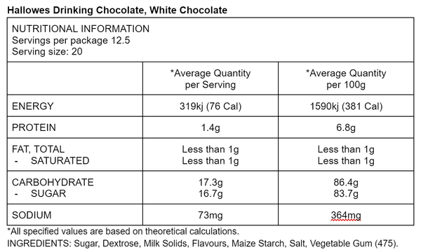 Hallowes Specialty Cocoa, Drinking Chocolate Powder, White Chocolate, Ingredients
